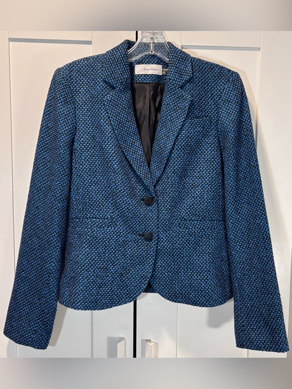 Calvin Klein Tweed Blazer Women’s Size 2 Blue Black Textured Jacket Workwear